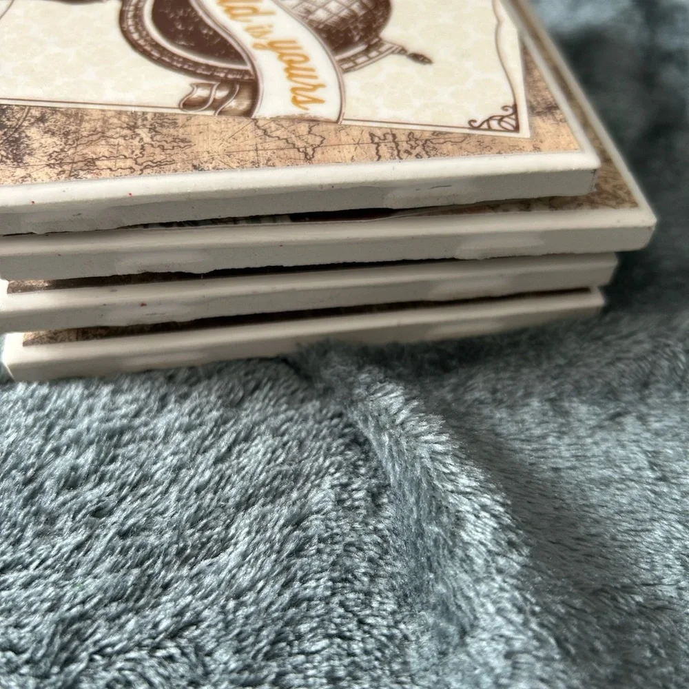 Handmade Ceramic Coaster Set Paris World Map Cream Square Set of Four - Picture 4 of 6